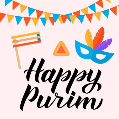 Mutlu Purim hat yazı, tüyler, maskeyle şenlikli ve hamantaschen çerez. Geleneksel Yahudi carnival poster. Purim parti davetiye, tebrik kartı, afiş, el ilanı için vektör şablon.