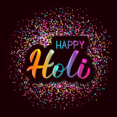 Holi hat el ile renkli konfeti yazı. Renkleri Hindistan geleneksel festival. Hindu bahar kutlama poster. Parti davetiyeleri, afiş, el ilanları, vb için vektör şablon.