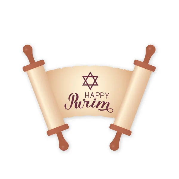 Mutlu Purim hat yazı, antik kaydırma kağıt üzerine (megillat esther). Yahudi karnaval kutlama poster. Yeni yıl eğlencesi daveti, tebrik kartı, afiş, el ilanı için vektör şablon. — Stok Vektör