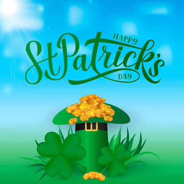 Happy Szent Patricks nap kalligráfia kézzel betűk, Leprechauns kalap, lóhere és arany érmék. Szent Patricks nap üdvözlés kártya, meghívó, banner, plakát, szórólap. Vektoros illusztráció. — Stock Vector