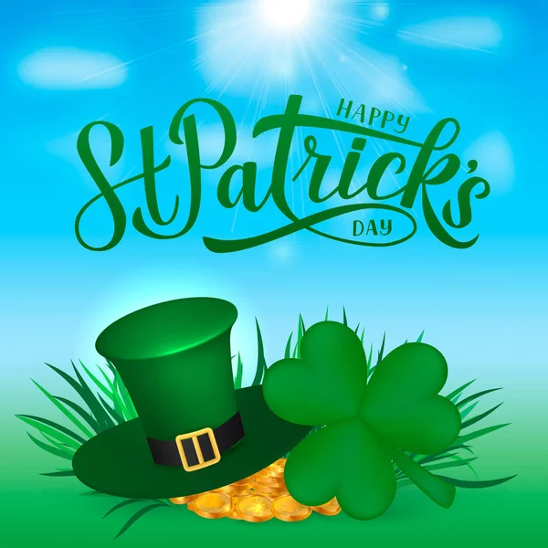 Feliz día de San Patricio caligrafía letras de la mano, Leprechauns sombrero, trébol y monedas de oro. Tarjeta de felicitación del día de San Patricio, invitación a la fiesta, pancarta, póster, volante. Ilustración vectorial . — Archivo Imágenes Vectoriales