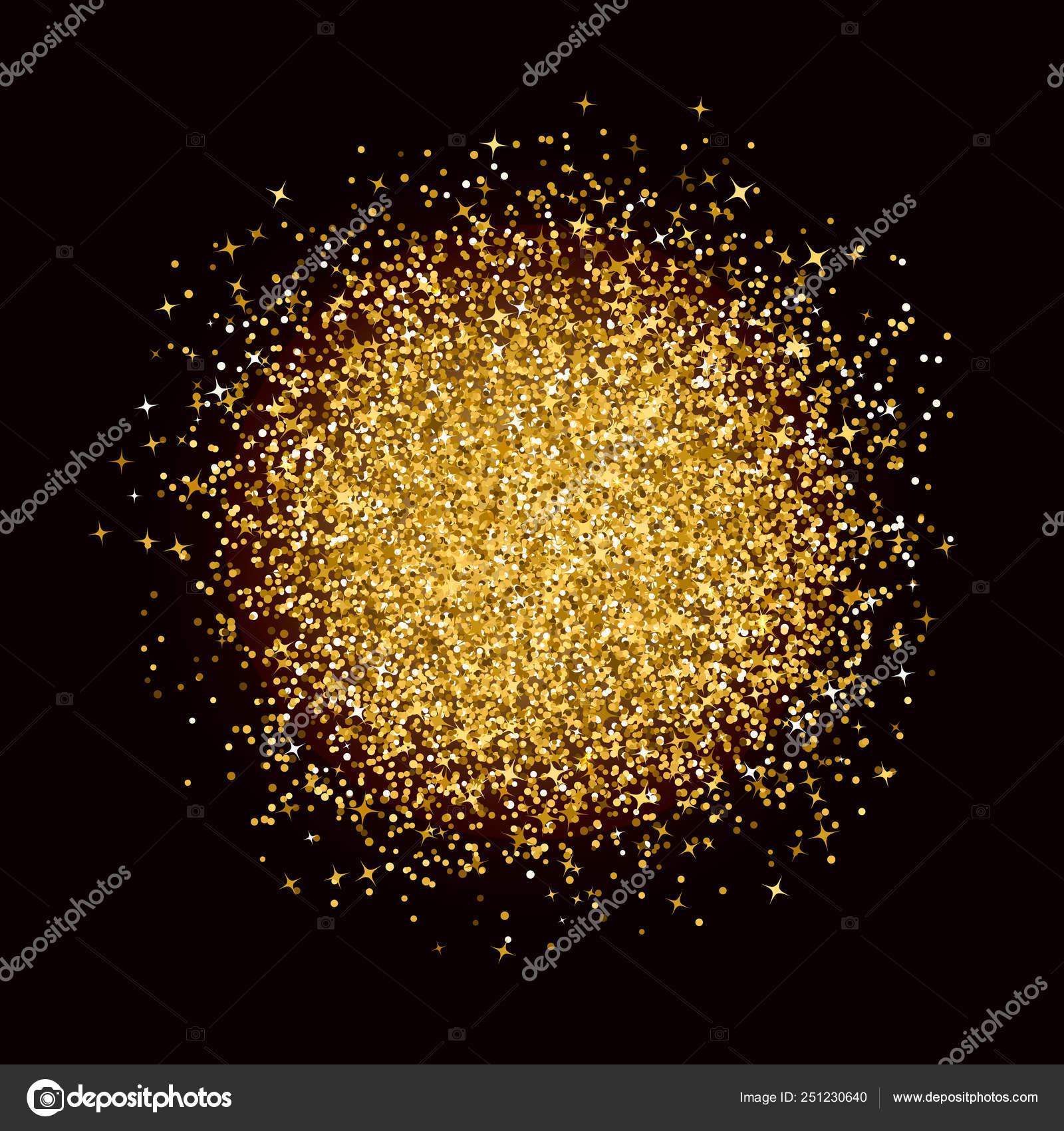 Explosion de confettis d'or sur fond noir. Éclat de points
