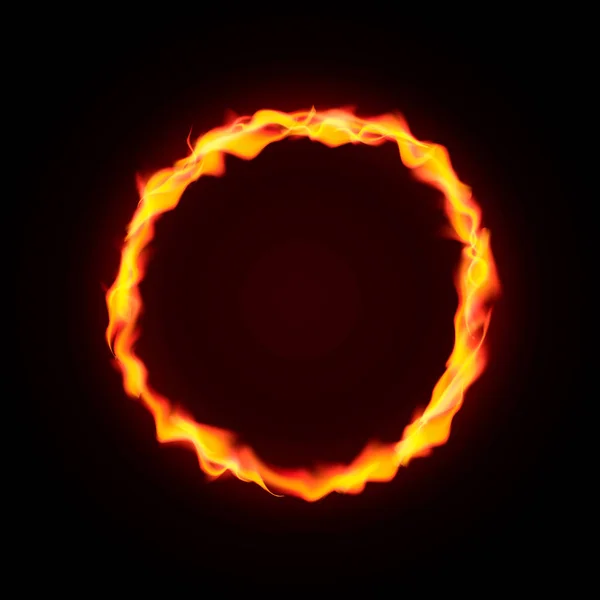 Fire circle frame isolated on dark background. Fire burning ring. Magic golden circle with copy space. Round neon banner. Easy to edit vector template for your designs. — Stock Vector