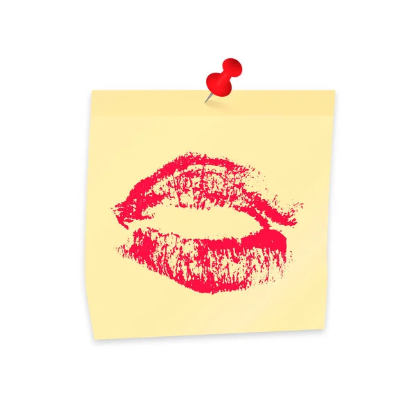 핀 부착 된 노란색 스티커 메모에 립스틱 키스. 현실적인 스티커 그리고 압정 흰색 절연입니다. 빨간 립스틱 인쇄입니다. 섹시 한 입술 일러스트 벡터. 당신의 작품에 대 한 서식 파일을 편집 하 게 쉬운. — 스톡 벡터