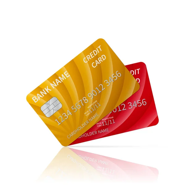 Twee realistische glanzende creditcards met reflectie op wit wordt geïsoleerd. Gedetailleerde plastic kaart met zilver reliëf symbolen. Geld, e-commerce en betalingen rond het concept "wereld". Vectorillustratie. — Stockvector