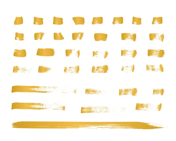 Χρυσό πινελιές που απομονώνονται σε λευκό. Σύνολο 35 grunge μελάνι λεκέδες σχήματα. Χειροποίητη υφή γραμμές. Διάνυσμα καλλιτεχνικά πινέλα. Εύκολο να επεξεργαστείτε το χέρι στοιχεία του σχεδιασμού για σας έργα τέχνης. — Διανυσματικό Αρχείο