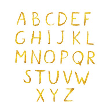 Altın parlak parlak vektör alfabe. Elle çizilmiş altın harfler A-Z üzerinde beyaz izole. Sans serif yazı tipi modern. Latin büyük harf el yazısı sembolleri. Tasarımlarınız için şablonu düzenlemek kolay.