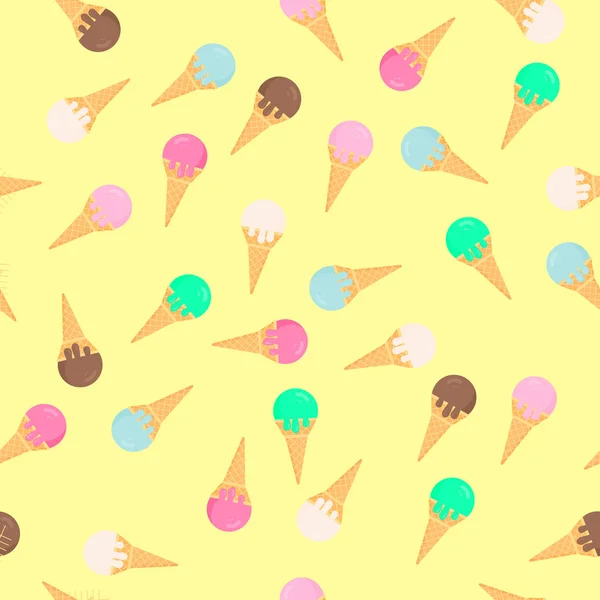 Gelados coloridos waffle cones sem costura padrão. Verão sobremesa plano fundo vetor. Doces deliciosos para crianças. Modelo fácil de editar para decoração de festa de aniversário, papel de embrulho, tecido, etc . — Vetor de Stock