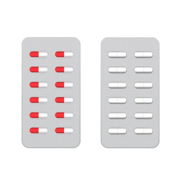 Médicaments en plaquette thermoformée isolée sur blanc. Modèle 3D réaliste pour les médicaments pharmaceutiques, les capsules et les comprimés. Icônes médicales et de soins de santé. Modèle vectoriel facile à modifier . — Image vectorielle