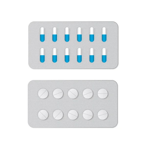 Blister pakette ilaç hapları beyaz izole. İlaç ilaçlar, kapsüller ve tabletler için gerçekçi 3D mockup. Tıbbi ve sağlık vektör Illustration. Kolay şablon düzenlemek için. — Stok Vektör
