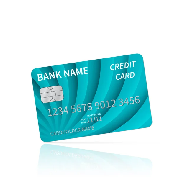 Glänzend blaue Kreditkarte mit Reflexion isoliert auf weiß. detaillierte Plastikkarte mit silbergeprägten Symbolen. Shopping und E-Commerce-Konzept. einfach zu bearbeitende Vektorvorlage — Stockvektor