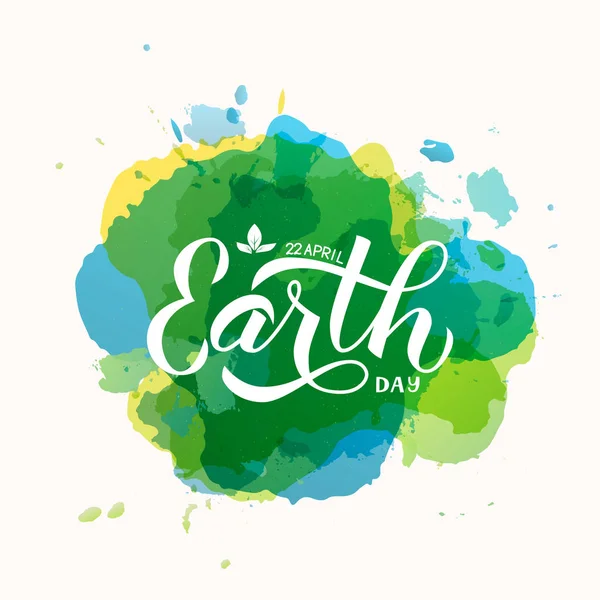 Happy earth day Kalligraphie Hand Schriftzug auf bunten Aquarell Flecken Hintergrund. einfach zu bearbeitende Vektorvorlage für Typografie-Poster, Banner, Logo-Design, Flyer, Grußkarte, Broschüre. — Stockvektor