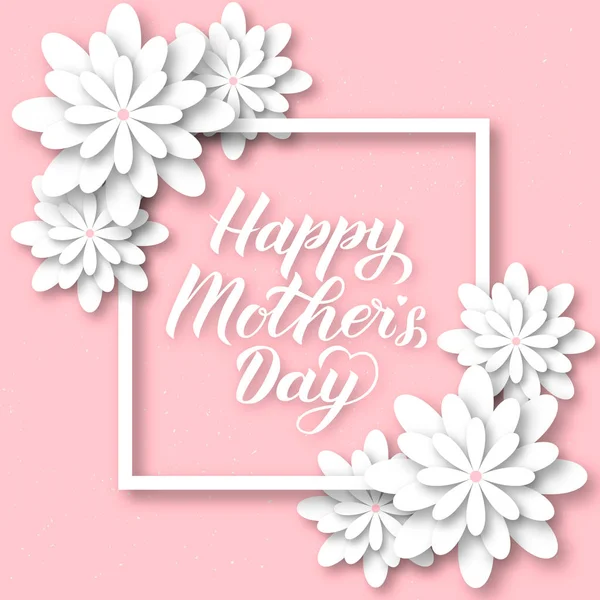 Happy Ημέρα της μητέρας καλλιγραφία γράμματα με πολύχρωμα ανοιξιάτικα λουλούδια. Κοπής χαρτιού origami εικονογράφηση διάνυσμα στυλ. Πρότυπο για μητέρες ημέρα κόμμα προσκλήσεων, ευχετήριες κάρτες, ετικέτες, φυλλάδια, αφίσες. — Διανυσματικό Αρχείο