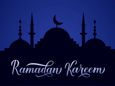 Ramazan Kareem hat yazısı ve gece gökyüzüne karşı cami silueti. Müslüman kutsal ay kavramı. İslami geleneksel poster, tebrik kartı, el ilanı, afiş, davetiye için vektör şablonu.