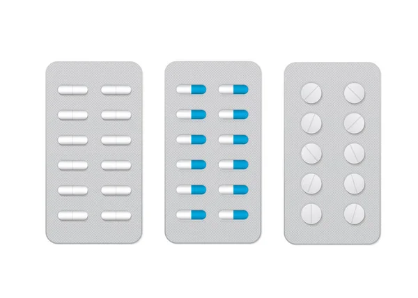 Medicin piller i blisterförpackning isolerad på vitt. Realistisk 3D utkast för farmaceutiska droger, kapslar och tabletter. Medicinsk och hälso-och sjukvård vektor illustration. Lätt att redigera mall. — Stock vektor