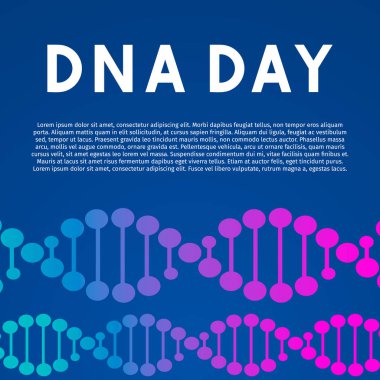 DNA gün tipografisi posteri. İnsan Dna molekülünün neon sarkaç. Bilim kavramı vektör illüstrasyon. Banner, el ilanı, broşür, tebrik kartı, vb için şablonu kolayca düzenledi.