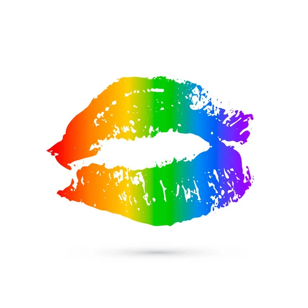 Beso de lápiz labial de arco iris aislado en blanco. Símbolo de comunidad LGBT. Ilustración del vector del orgullo gay. Impresión de los labios. Día Internacional contra la Homofobia cartel, signo, tarjeta de felicitación, folleto, pegatina — Archivo Imágenes Vectoriales