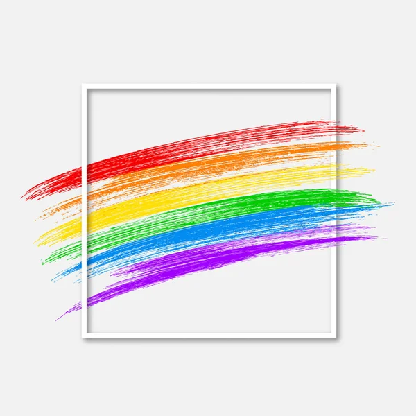 Bandera de la comunidad LGBT y marco aislado en blanco. Símbolo del orgullo gay. Grunge pinceladas textura de los colores del arco iris. Día Internacional contra la Homofobia vector ilustración . — Archivo Imágenes Vectoriales