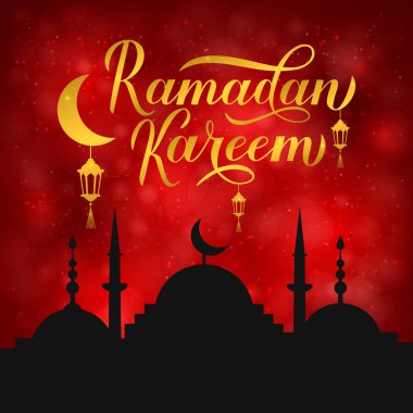 Ramazan Kareem kaligrafi yazı ve kırmızı arka plan üzerinde cami silueti. Müslüman kutsal ay kavramı. İslami geleneksel poster, tebrik kartı, el ilanı, afiş, davetiye için vektör şablonu.