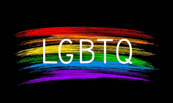 LGBTQ orgoglio lettering su pennellate grunge texture bandiera arcobaleno. banner o poster della comunità LGBT. Simbolo orgoglio gay. Giornata internazionale contro l'omofobia illustrazione vettoriale . — Vettoriale Stock