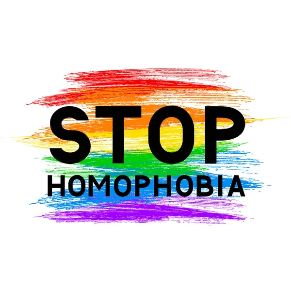 Stop homofobie belettering op LGBT gemeenschap vlag. Symbool van Gay Pride. Grunge penseelstreken textuur de kleuren van de regenboog. Internationale dag tegen homofobie vector illustratie. — Stockvector