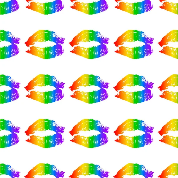 Rainbow Lipstick Kiss på vita sömlösa mönster. Hbt-personers samhälls bakgrund. Gay Pride vektor illustration. Avtryck av läpparna. Internationella dagen mot homofobi affisch, skylt, gratulationskort. — Stock vektor
