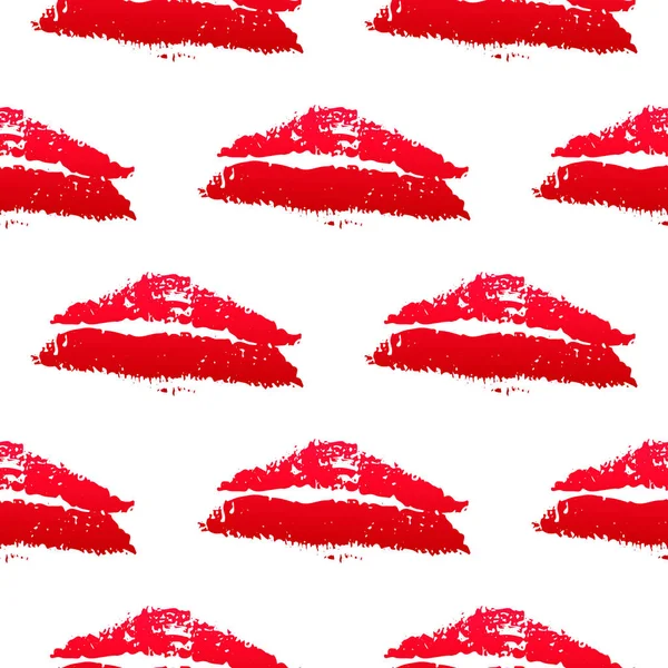 Patrón sin costuras rojo lápiz labial beso sobre fondo blanco. Grunge labios imprime ilustración vectorial. Perfecto para tarjetas postales de San Valentín, ropa, diseño textil, papel de embalaje, paquete de cosméticos, etc. . — Archivo Imágenes Vectoriales