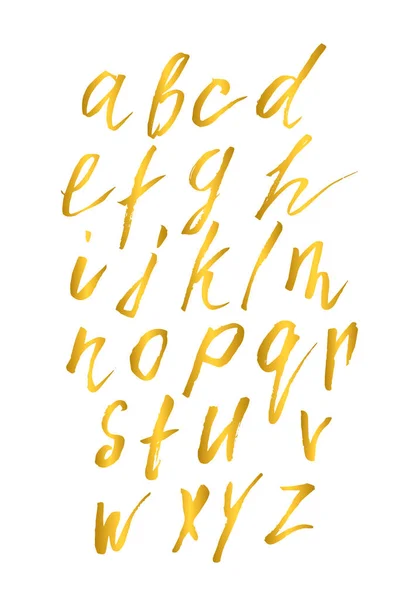 ゴールド英語のアルファベット。白に隔離されたブラシで描かれた文字A-Z。表現力豊かな書道フォント。ラテン語の小文字の記号。現代の教育ポスター。ベクターテンプレートの編集が簡単. — ストックベクタ