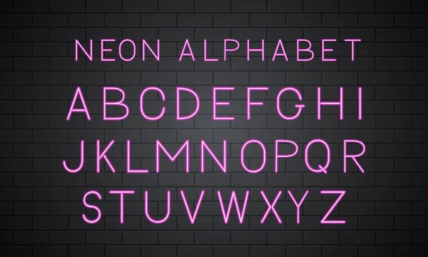 Alfabeto vetorial rosa quente de néon no fundo da parede de tijolo. Sans serif font. Letras maiúsculas latinas brilhantes. Tipografia para manchetes, banners, placas, cartazes, etc. Modelo de design fácil de editar . — Vetor de Stock