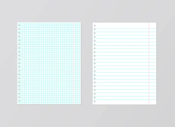 Két jegyzetfüzet-oldal beállítása. Kockás és bélelt papírlapok. Bla — Stock Vector
