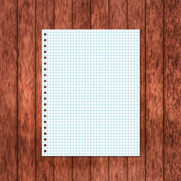 Üres notebook oldal sötétbarna fa háttérben. Kockás pap — Stock Vector
