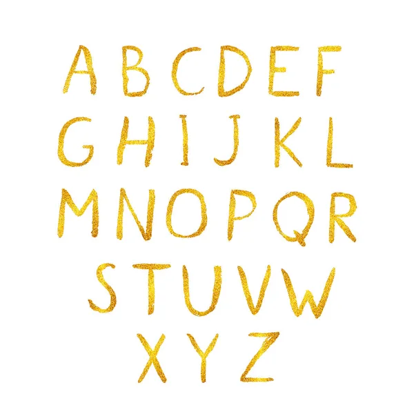 Gold glitter shiny vector alphabet. Hand drawn golden letters A- — Stock Vector