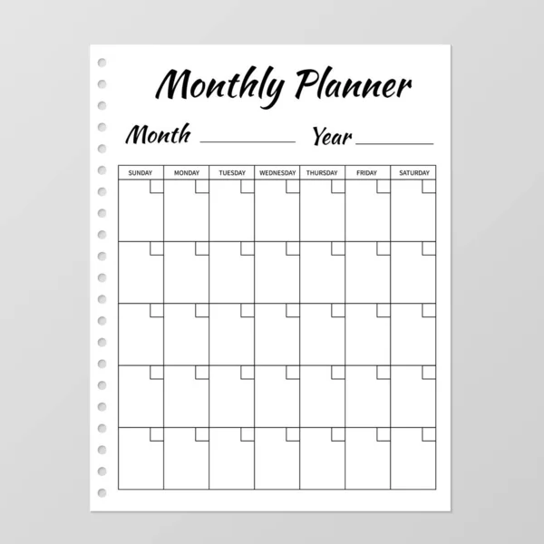 Plantilla de planificador mensual. Cuaderno blanco en blanco página aislada en — Vector de stock