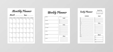 Minimalist planlamacılar kümesi. Günlük, haftalık, aylık planlayıcı templ