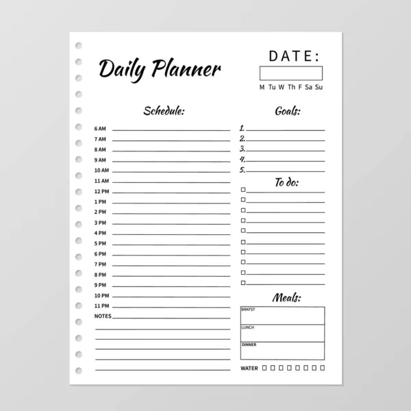 Plantilla de planificador diario minimalista. Cuaderno blanco en blanco página iso — Vector de stock