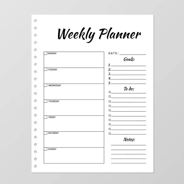 Plantilla de planificador semanal. Cuaderno blanco en blanco página aislada en g — Vector de stock
