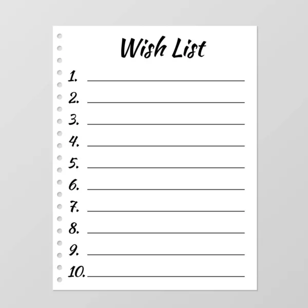 Lista de deseos plantilla. Página del planificador. Hoja de papel forrada y numerada — Vector de stock