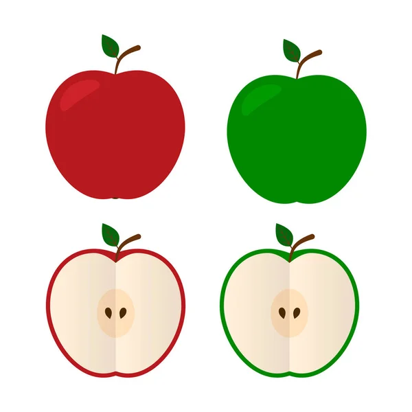 Czerwone i zielone jabłko ikony płaski styl całości i pół na białym tle — Wektor stockowy