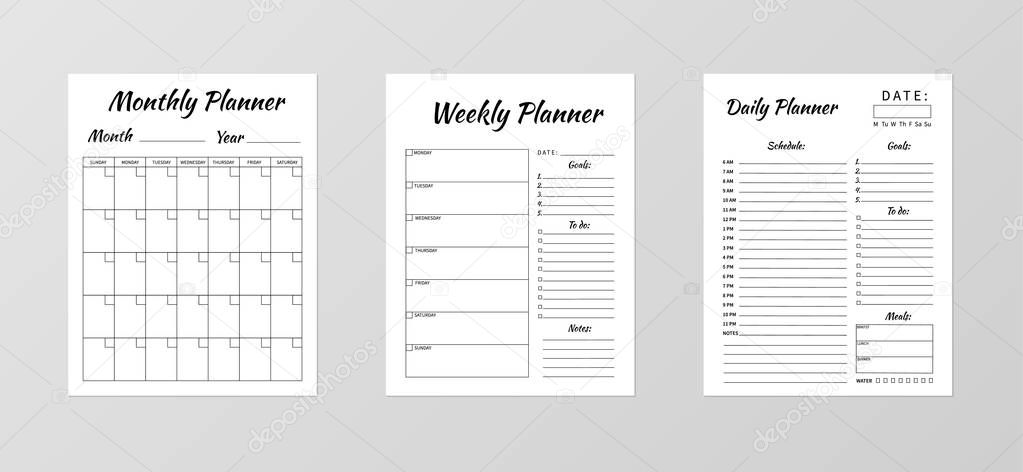 Set of minimalist planners. Daily, weekly, monthly planner templ