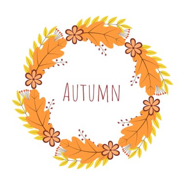 Renkli sonbahar yaprakları, böğürtlen ve çiçek çelenkleri. Düşür onları.