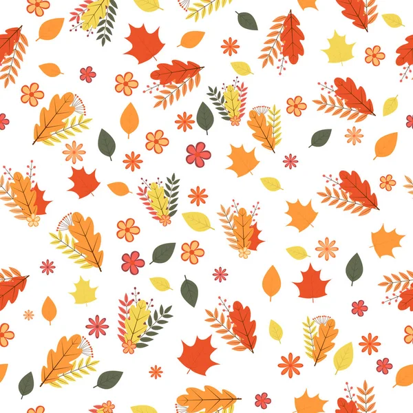 Autumn seamless pattern. Colorful leaves, flowers, and berries i — Stock Vector