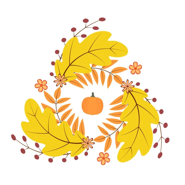 Wreath of colorful autumn leaves, flowers and pumpkin. Fall them — 스톡 벡터