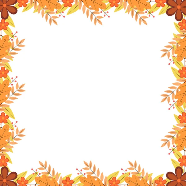 Marco de coloridas hojas de otoño, flores y bayas. Acción de Gracias. — Vector de stock