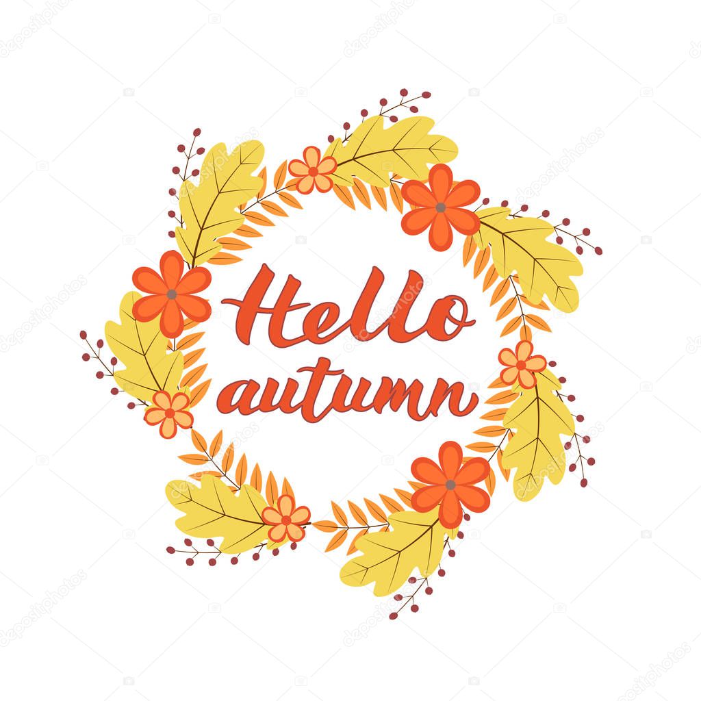Hello Autumn Written With Brush Pen Calligraphy Handwritten Lettering Wreath With Colorful Leaves And Flowers Easy To Edit Vector Template For T Shorts Banners Cards Websites Social Media Etc Premium Vector In wdrfree