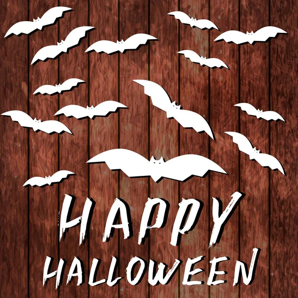 Mutlu Halloween el ahşap üzerinde fırça ve uçan yarasalar ile yazılmış — Stok Vektör