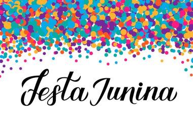 Festa Junina hat yazısı renkli konfeti arka plan üzerine yazı. Brezilya Haziran Festivali Festa de Sao Joao. Kolay şablon fop tipografi poster, afiş, davetiye, el ilanı, vb.