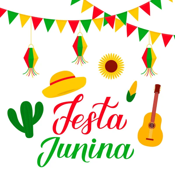 Letras de caligrafía Festa Junina con banderas y linternas de papel. Festival Brasileño de Junio Festa de Sao Joao. Plantilla fácil de editar para póster de tipografía, banner, invitación, volante, etc. . — Archivo Imágenes Vectoriales