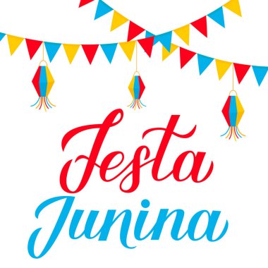 Festa Junina hat yazısı bayraklarla. Brezilya Haziran Festivali Festa de Sao Joao. Brezilya Geleneksel Karnaval tipografi posteri. Kolay şablon fop afiş, davetiye, el ilanı, vb.