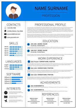 İnsan için şablonu devam ettirin. İnfografik ile modern CV düzeni. Minimalist özgeçmiş tasarımı. İstihdam vektör illüstrasyon.