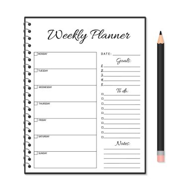 Haftalık planlayıcı şablonu. Beyaz üzerine izole edilmiş kalemli boş beyaz defter sayfası. Organizatör sayfası. Kağıt kağıt. Eğitim için kırtasiye, ofis, yaşam planlaması. Gerçekçi vektör illüstrasyon.